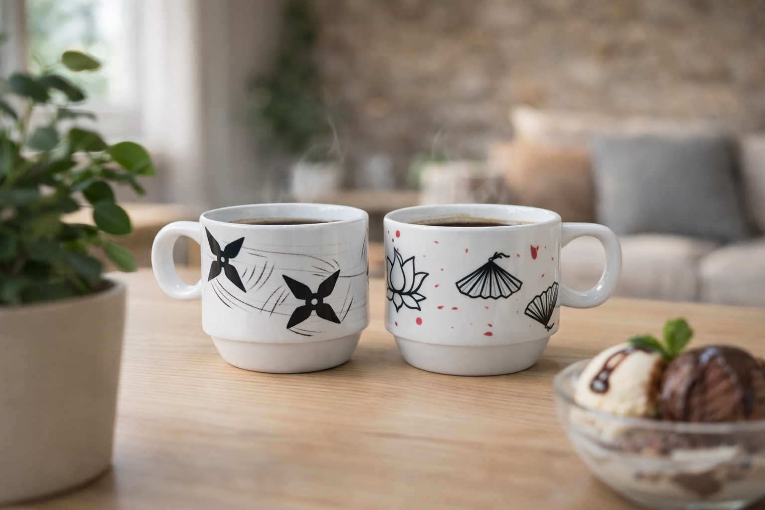 Duo de petits mugs, Lotus et Shurikens